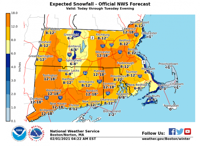 2-1 Snow Forecast via NWS Boston
